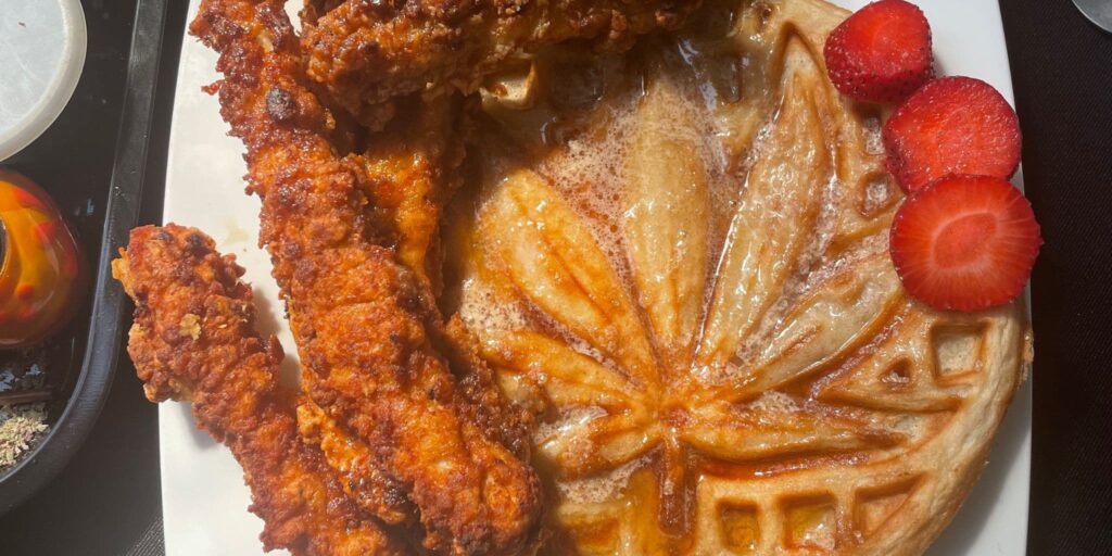Chicken and Waffles with Cannabis Leaf