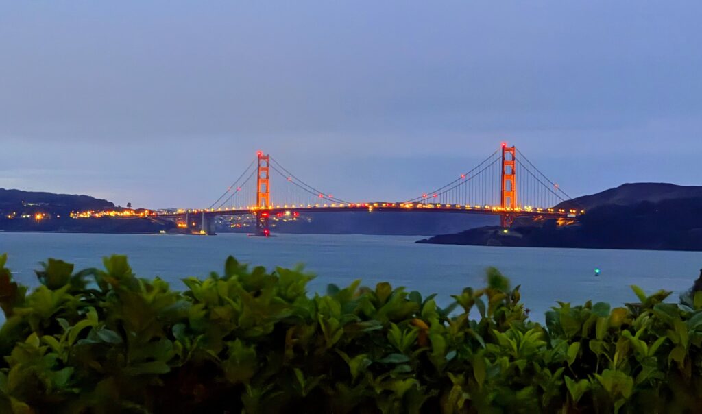 A wide-angle shot of the Golden Gate Bridge in San Francisco California
