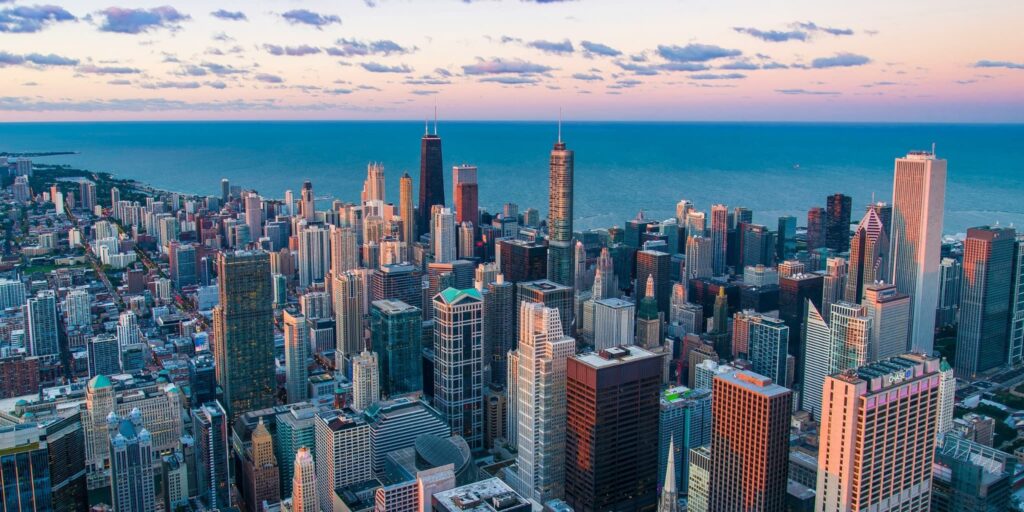 The Chicago skyline against Lake Michigan.
