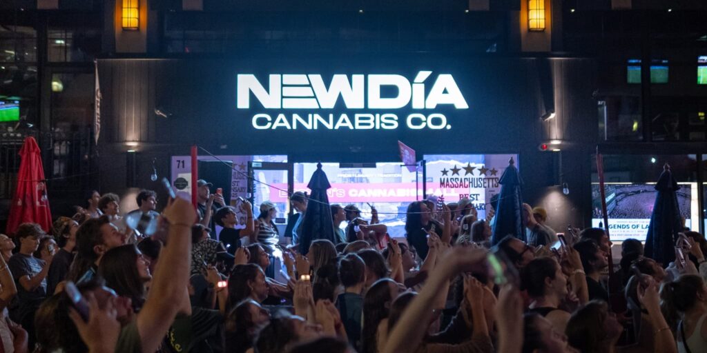 A crowd gathered outside of New Dia Cannabis Co for a watch party