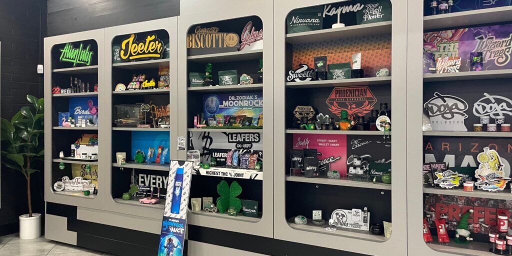 The shelves of products at Nirvana Dispensary in Phoenix, Arizona